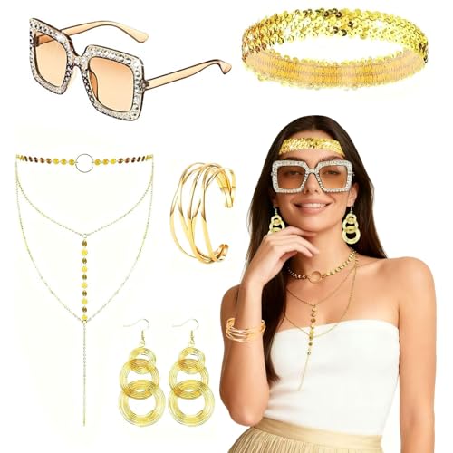 Shyllin Disco Accesorios Lentejuelas, Disfraz de Hippie de Mujer, Accesorios Discoteca de Disfraz Años 70, Diadema Brillante Gafas Collar Pendientes, Disco Hippie Vestido Carnaval Fiesta (B)