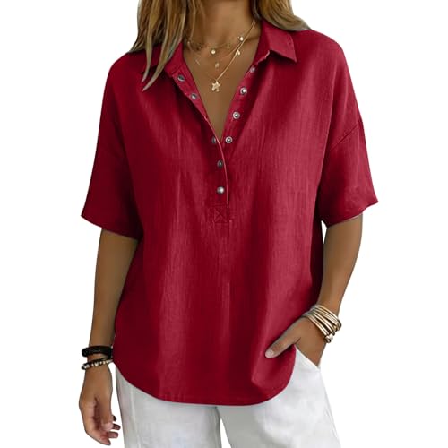 Cotton Linen Tops for Women - 2026 Summer Gauze Shirts Button Down V Neck Half Sleeve Blouses Business Office Work Dressy Casual Vacation Clothes Red