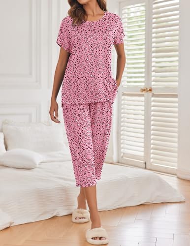 Image of Ekouaer 2 Pack Womens Pajamas Sets Short Sleeve Tops and Capri Pants Pjs Colorful Printed Sleepwear Sets