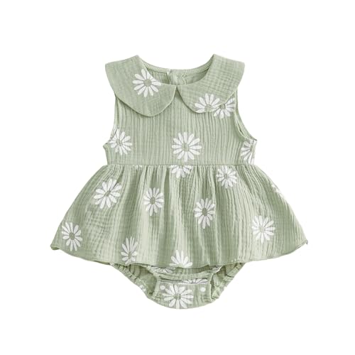 XIXIMAON Newborn Baby Girl Romper Dress Peter Pan Neck Sleeveless Daisy Flower Print Jumpsuit Infant Girl One Piece Clothes (Green, 3-6 Months)