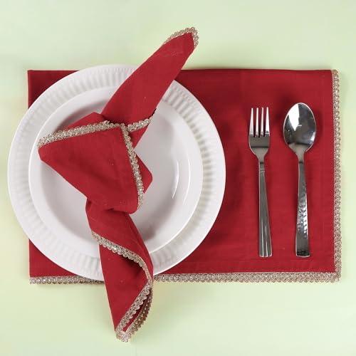 Image of FINGERCRAFT 100% Cotton Cloth Napkins Set of 6, 20 x 20 Inch Reusable Table Napkins with Golden Trim Lace, Mitered Corners, Dining Table Linen for Wedding, Festive, Restaurant & Home Use (Tango Red)