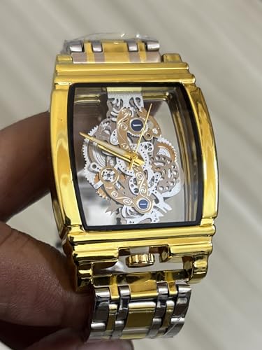 Image of ODXO Luxury Skeleton Mechanical Style Look Watch | Gold-Tone Stainless Steel Band, Transparent Dial Display | cronoworking Stainless Steel Luxury Men's Fashion Gents Watch Open dail |