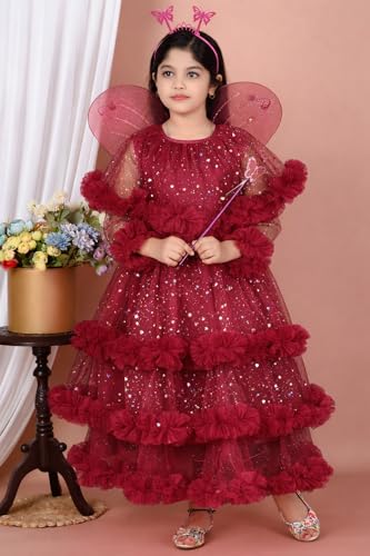 Image of Girls Glitter Tulle Tiered Gown with Butterfly Wings, Ruffle Detail, Fairy Costume Dress