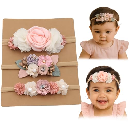 Image of SYGA 3 Pack Baby Girl Floral Headbands - Soft Stretchable Nylon Flower Comfortable Elastic Hairbands for Newborns, Infants & Toddlers 0-3 Years (Design-4)