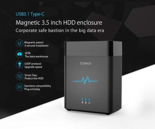 ORICO 2Bay Hard Drive Enlcosure Type-C to SATA 3.5inch Enclosure Magnetic Tool-Free External HDD SSD Enclosure Storage Case Built-in Fan for Data Backup, NAS Expansion Up to 36TB(2x16) - DS200C3