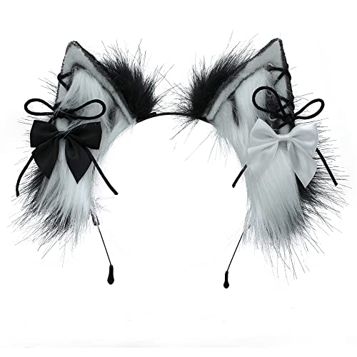 Serre-tête oreilles de renard et chat punk avec croix métalliques coloris noir et blanc