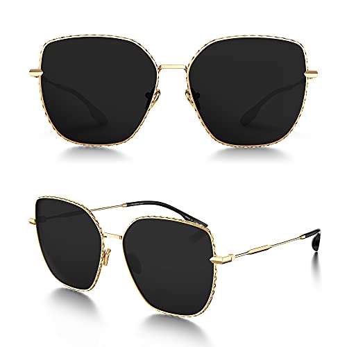 Image of LUENX Square Sunglasses for Women Oversized-Trendy Polygon Flat Three dimensional Rhombic Loop Wire Frame PC Lens, Gold Frame /Grey Lens,