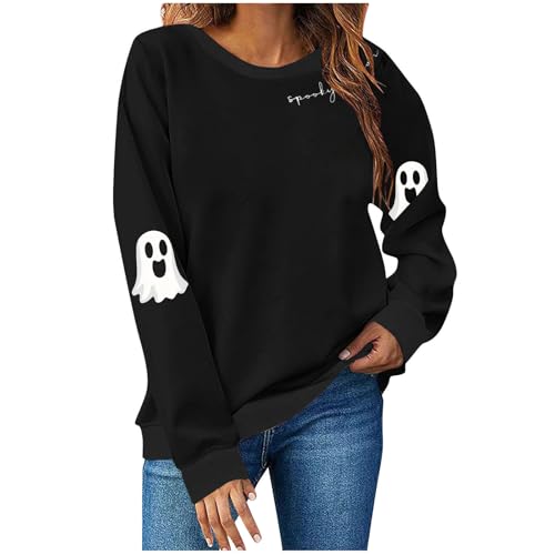 AMhomely Halloween Sweatshirts for Women Ghost Printed Sweater Cute Spooky Bookish Shirt Autumn Pullover Tops Ladies Teen Girls Jumpers,H06- Black,M