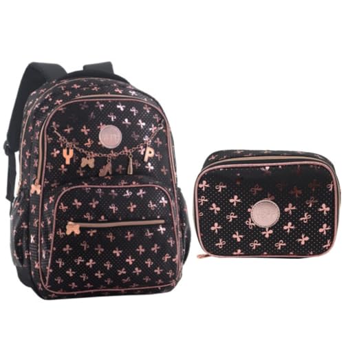 Mochila De Costas Passeio Escolar Metalizado Luxo Juvenil 18” Com Estojo Estampa Borboleta Feminina (PRETO)