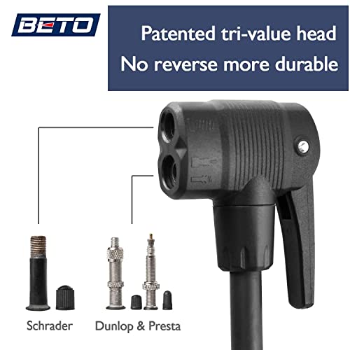 Beto Bike Pump Portable - Bicycle Floor Pump with Industrial Top-Mounted Gauge & Air Bleed Button - Presta Schrader Dunlop Valve Universal, Steel Tube 160 Psi Max