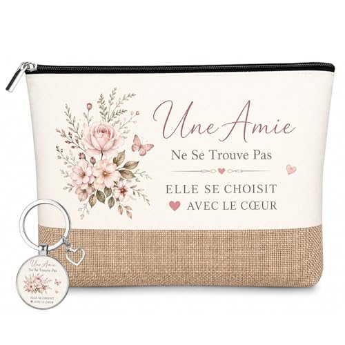 Cadeau Meilleure Amie Cadeau Amie Femme 2 Pièces, Trousse De Maquillage Et Porte Clés, Pochette Voyage avec Message Amitié, Idée Anniversaire Noël...