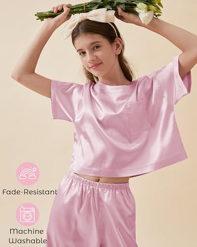 Petite&Me Silk Girls Pajamas Kids/Teens 2 Pieces Lounge Sets Short Sleeve Top & Wide-Leg Pants Soft Pjs Loungewear4