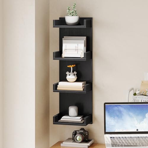 Image of HOOBRO Floating Wall Shelves with LED Lights, Floating Shelf Wall Mounted for Storage, Vertical Display Stand, Modern Column Rack, for Bedroom, Livingroom, 4-Tier, 35.4 Inches, Black, BK41DBJ01