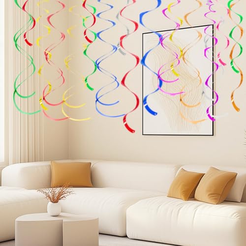 Image of Colorful Ceiling Swirl Foil Decorations Hanging Plastic Streamer Themed Swirl Party Decoration for Wedding Thanksgiving Day Graduation Celebration, Pack of 28 (Multicolor 16)