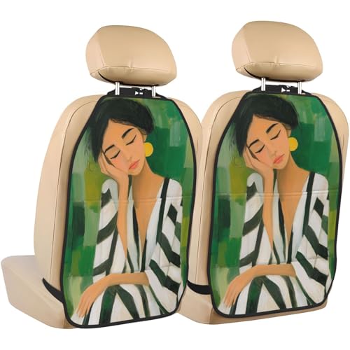 Watercolor Black White Stripes Sleeping Woman Car Seat Back Kick Protectors,2 Pack Kick Mats with Storage Pockets for Vehicles to Protect from Dirt Mud Scratches