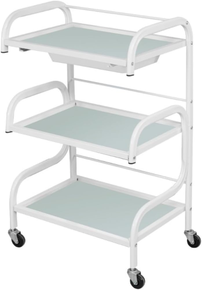 サロントレイ エステティシャンカート 3段ビューティートロリー 金属とガラス サロントロリー 可動式トロリー キャスター付きローリン