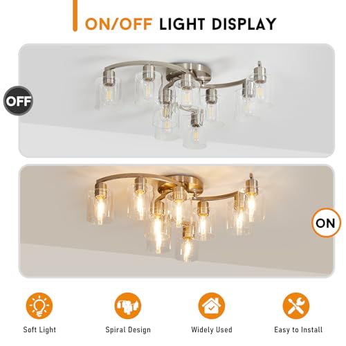 Image of 9-Light Ceiling Light, Semi Flush Mount Ceiling Light Fixture, Kitchen Lighting Fixtures Ceiling, Brushed Nickel Finish with Clear Glass Shade for Living Room Bedroom Dining Room