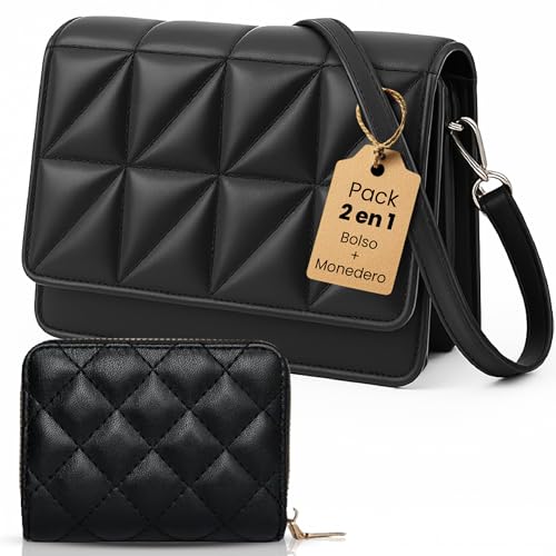 sea tear – Bolso mujer bandolera pequeño negro elegante – Bolso acolchado con monedero, material vegano PU impermeable, cierre magnético, correa ajustable 70-130 cm, ideal para uso diario o regalo