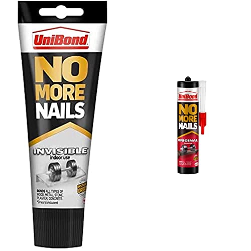 UniBond 1963625 No More Nails Invisible, Heavy-Duty Clear Glue, Strong Glue, 1 x 184g Tube & UniBond 1426052 No More Nails Original, Heavy-Duty Mounting Adhesive, Strong Glue, 1 x 365g Cartridge