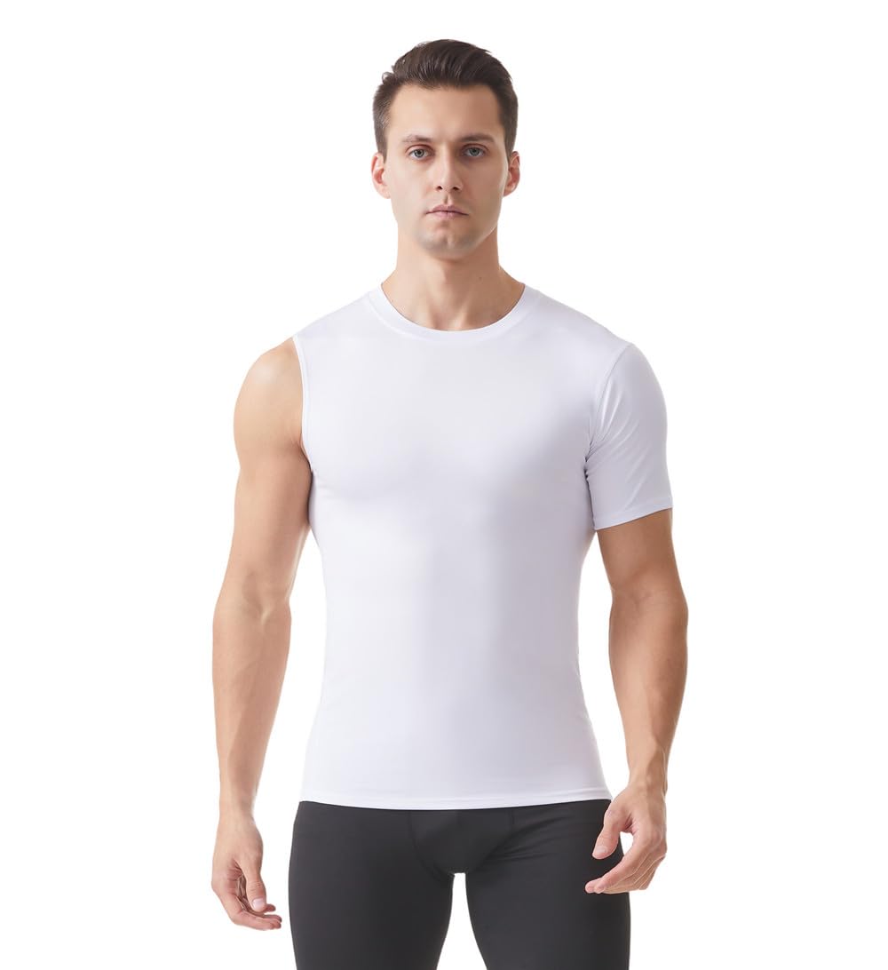 Vomnif Fashion Compression Shirts for Men 1/2 Single Arm Short Sleeve Athletic Base Layer T Shirt for Workout Basketball (US, Alpha, Large, Regular, Regular, White-2)