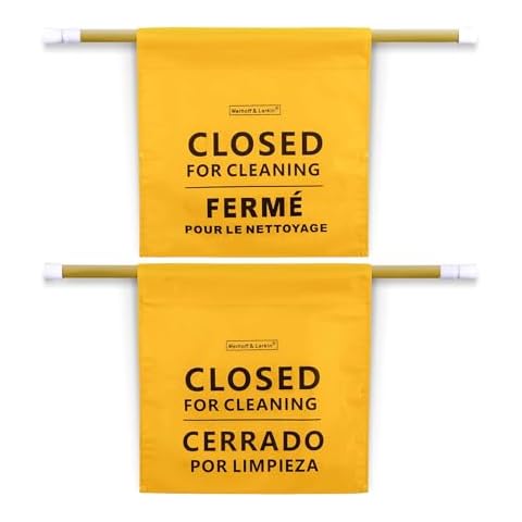 Closed For Cleaning Sign | English, Spanish & French | 28-53 Inch Expandable | For Janitors, Restrooms, & Bathrooms | Closed Restroom Cleaning Signs | Yellow Commercial Hanging Doorway Safety Sign Cover