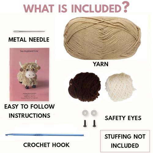 Image of LEISURE ARTS Crochet Kit Amigurumi Highland Cow, Tan, Beginner for Adults, Animal Kit, Crotchet