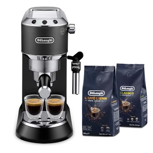 De'Longhi Dedica Pump Espresso Manual Coffee Machine With 2 Packs 100% Arabica Whole Coffee Beans | Cappuccino, Latte, Milk Frother |Thermo Block Heating System, 250g per pack, EC685.BK+2BEANS (Black)