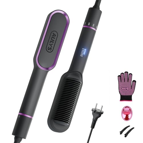 AULYS Cepillo Alisador de Cabello con Cerámica, Planchador con Calentamiento PTC en 25s, 5 Niveles de Temperatura (140–200°C), Anti-quemaduras, Cepillo Térmico para Peinados Rápidos