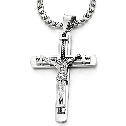 COOLSTEELANDBEYOND Crucifijo Cruz, Collar con Colgante de Hombre, Cruce, Acero Inoxidable, 75cm Cadena de Trigo