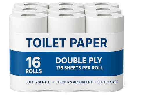 16 Rolls Double Ply Toilet Paper, 176 Sheets Per Roll | Soft, Strong & Septic-Safe Bath Tissue | Bulk Pack for Home, Office & Commercial Use