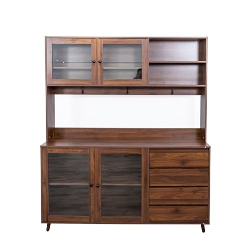 63'' Kitchen Hutch Cabinet with 4 Doors 4 Drawers Freestanding Pantry Cabinet with Microwave Shelf Tall Floor Standing Storage Organizer Integrated Kitchen Cupboard for Garage Office Particle Board