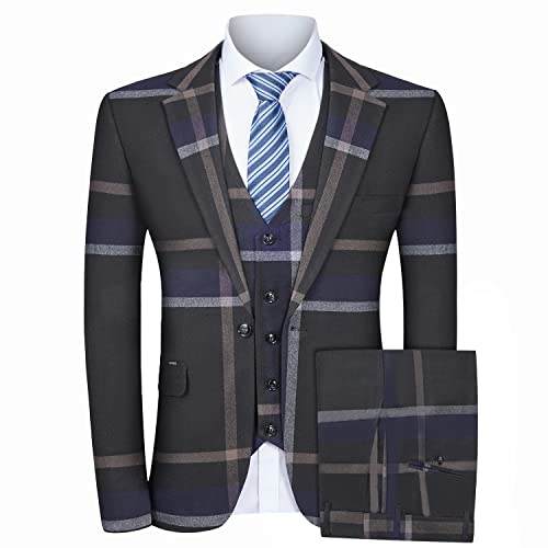 MAGE MALE Men’s Plaid Suit Slim Fit 3-Piece Leisure Suit One Button Blazer Dress Business Suits for Men Black