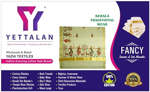 YETTALAN® Women's Mural Printed Kerala Gold Tissue Saree with Running Blouse