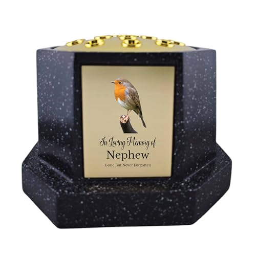 In Loving Memory Of Memorial Octagon Rose Bowl Grave Marker Flower Pot Vase With Robin Design Mum Dad & Lots More Black/Gold (UV PRINTED) (Nephew)