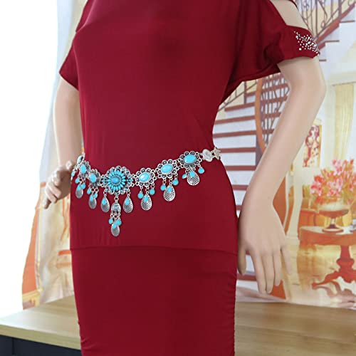 Vintage Flower Turquoise Chain Belts Silver Pear coin Pendant Metal Waist Belt Western Body Jewelry for for Women Dress Vest Jeans for Waistline 25-45inch (Silver Plated)2