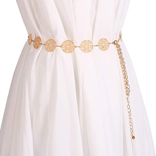 LumiSyne Modieuze kettingriem voor dames, tailleriem, goud, zilver, glanzend, metalen ring, instelbare lengte, heupriem, jurk, riem, lichaamsketting voor feest, bruiloft, dagelijkse kleding, goud, Eén