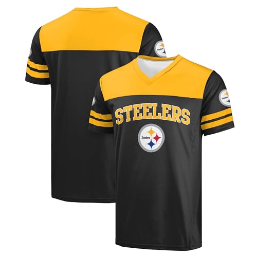 FOCO NFL Men's Officially Licensed Primary Logo Team Color Wordmark Game Day V-Neck Football Top - Pittsburgh Steelers - Black - (Large)