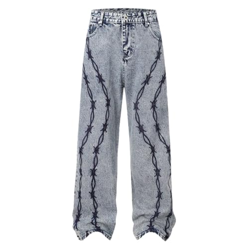 Men's Denim Pants Casual Embroidery Contrast Color Straight Wide Leg Loose Jeans