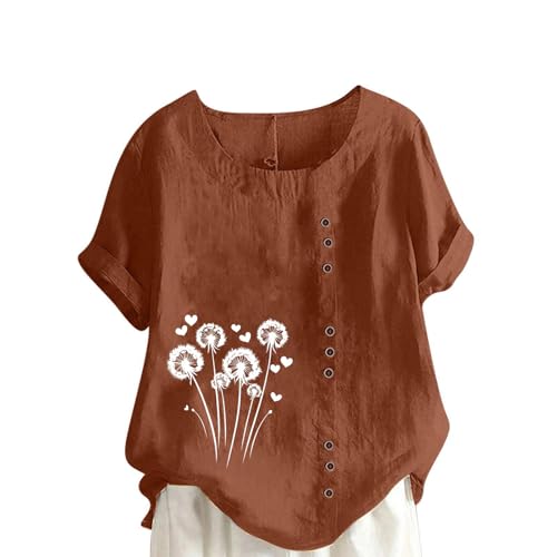 Camisas de lino para mujer, camisetas casuales de manga corta, cuello redondo, con botones, blusas con estampado floral, camisetas holgadas, ligeras, camisetas de verano de moda, blusa tipo túnica
