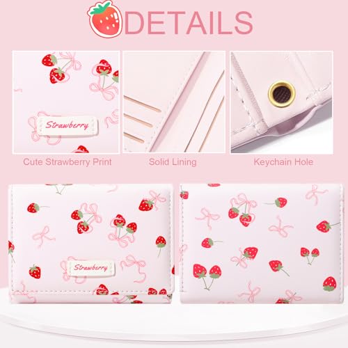 Small Cute Wallet with Strawberry Coquette Bow Print ID Credit Card Holder for Women Girls (PINK)4
