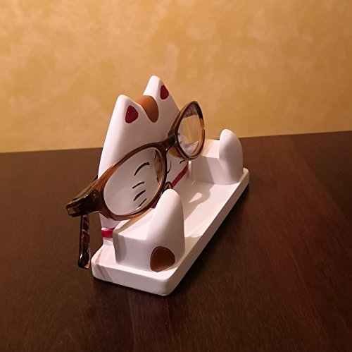 JewelryNanny Fun Animal Eyeglass Holder Stand for Kids Women - Securely Hold Kids Eyeglasses, Adult Reading Glasses Like Glasses Organizer for Desk, Bedside Nightstand - Maneki Neko Lucky Cat