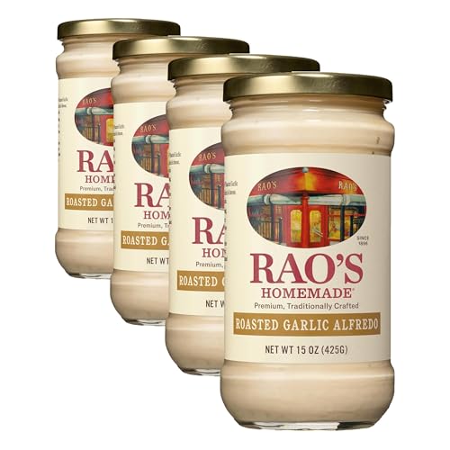 Rao's Homemade Alfredo Sauce, Roasted Garlic Alfredo, 15 oz, Rich & Creamy Pasta Sauce, Carb Conscious, Keto Friendly, Premium Quality, Blend of Parmesan & Romano Cheese, Cream and Butter (Pack of 4)