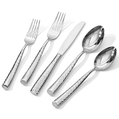 Kingstone Hammered Silverware Set, 5-Piece Flatware Set for 1, 18/10 Stainless Steel Heavy Duty Cutlery Set, Mirror Polished Utensil Sets for Home, Restaurant, Wedding, Dishwasher Safe 5-Pie
