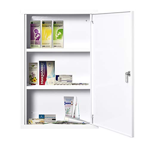 kleankin Steel Wall Mount Medicine Cabinet 3 Tier Emergency Box for Bathroom Kitchen, Lockable with 2 Keys, White