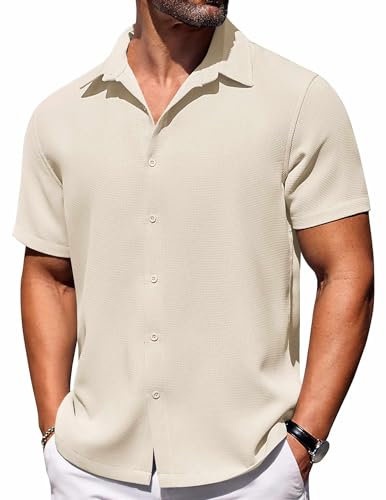 COOFANDY Mens Short Sleeve Button Down Shirts Waffle Shirt Casual Beach Summer Shirts Wrinkle Free Vacation Shirts