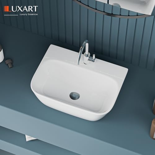 Image of LUXART Tabletop Wash Basin For Bathroom - 16.5x13x6 IN Ceramic Glossy White Wall Hung & Countertop Washbasin | Vessel Sink For Hotel, Dining Hall, Vanity | Over counter Top Washroom Sink