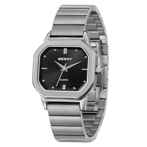 Image of BERNY Quartz Watch for Men Classic Square Watch 3ATM Waterproof Analogue Wristwatch Stainless Steel Watch Band Casual Watches