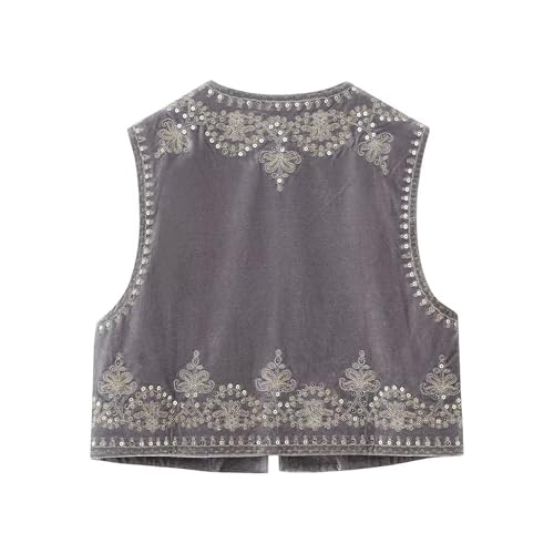 Image of Women Vintage Floral Embroidered Vest Y2K Sleeveless Open Front Cardigan Boho Linen Cropped Waistcoat