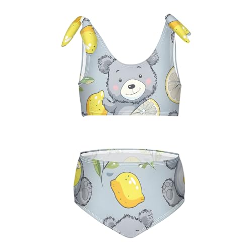 Girls' Bikini Set, Cartoon Bear Holding Lemon Kids Swimsuit 2 Pcs Beach Bathing Suit