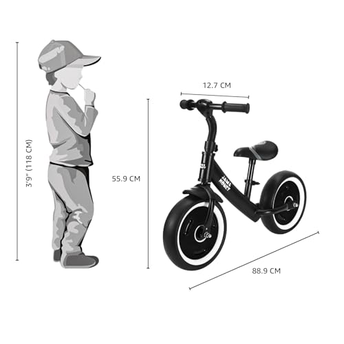 Amazon Brand - Jam & Honey Kids Lightweight Pedal Free Balance Cycle | Safe, Durable, and Made in India | Suitable for Girls and Boys 2-4 Years | BIS Certified (Black) | 12 Inch